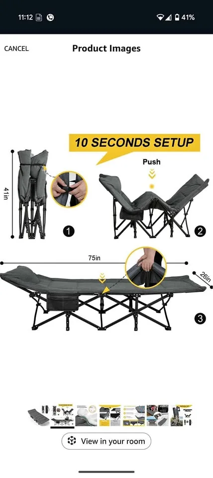 Camping Cot for Adults with Cushion and Pillow thumbnail