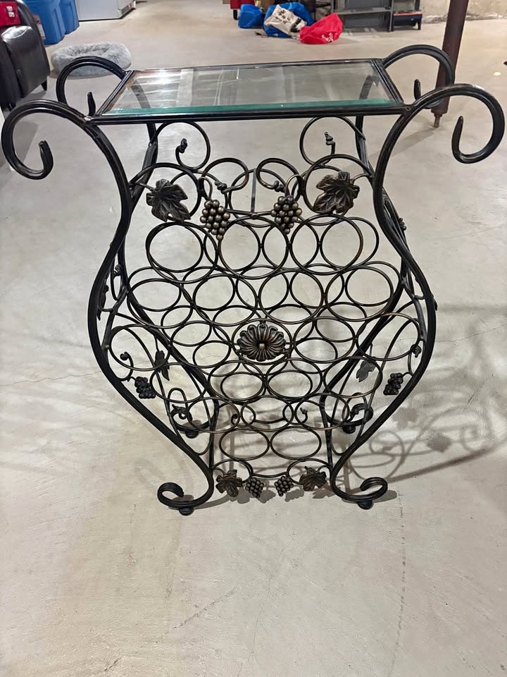 Wrought Iron Wine Rack with Glass Top - 21 bottles