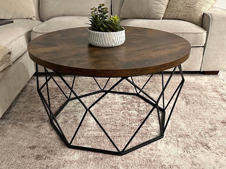 Modern Round Coffee Table – Wood Top & Black Metal Base