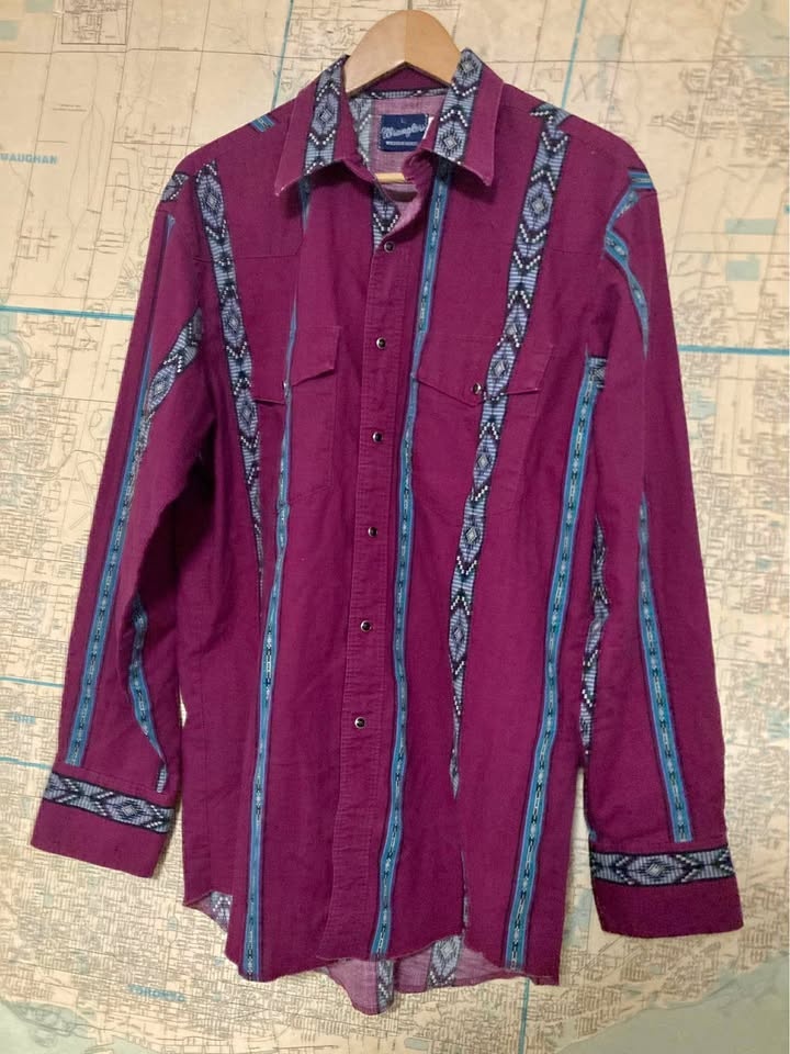 VINTAGE 1980s Wrangler Western Aztec Shirt Pearl Snap LARGE