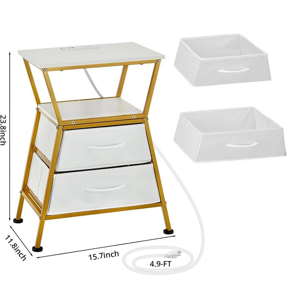White Gold Side Table w/ Charging Station & Drawers