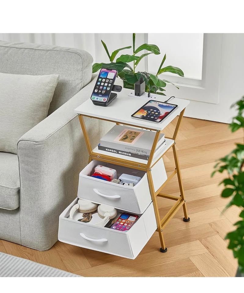 White Gold Side Table w/ Charging Station & Drawers - photo 3