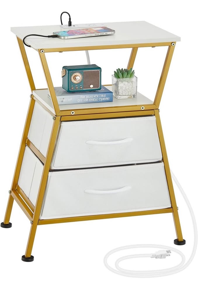 White Gold Side Table w/ Charging Station & Drawers - photo 4