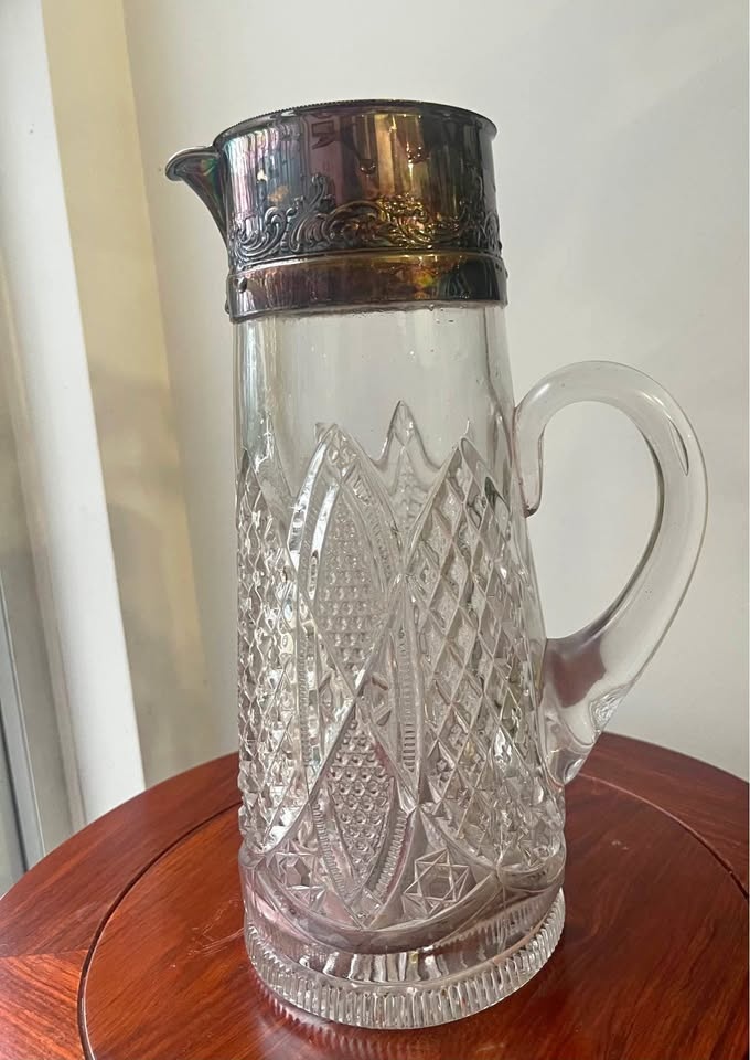 Vintage Cut Glass Pitcher silver plated Metal Top