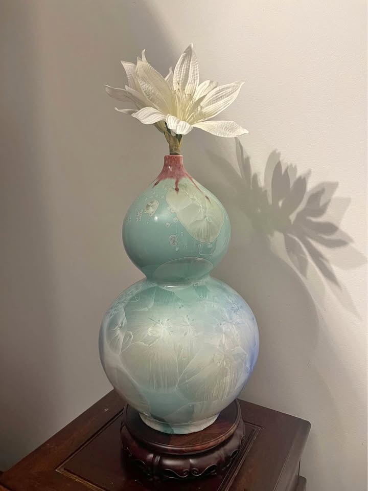 Unique Crystalline Glaze Gourd Vase w/ Flower