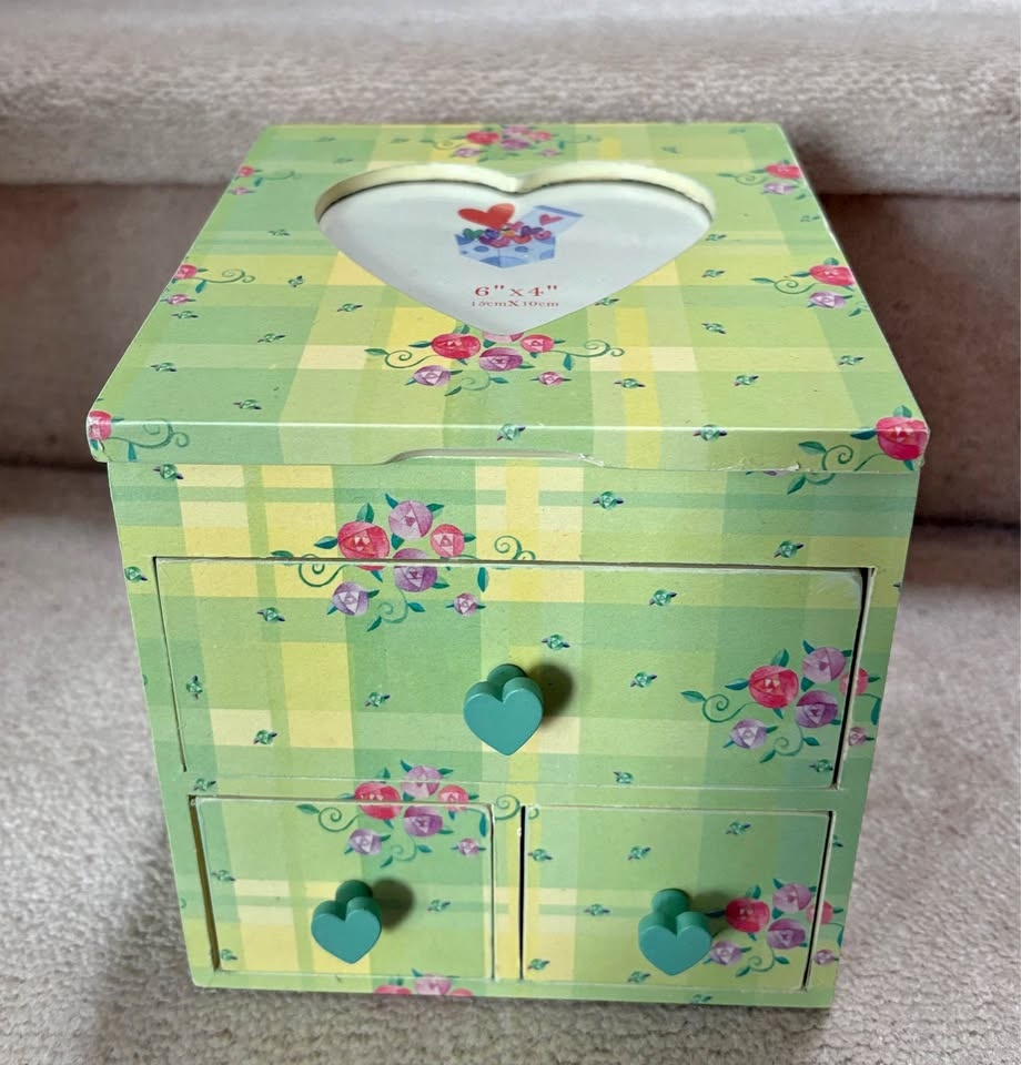 New Green Plaid Floral Jewelry Box with Photo Frame & Drawers
