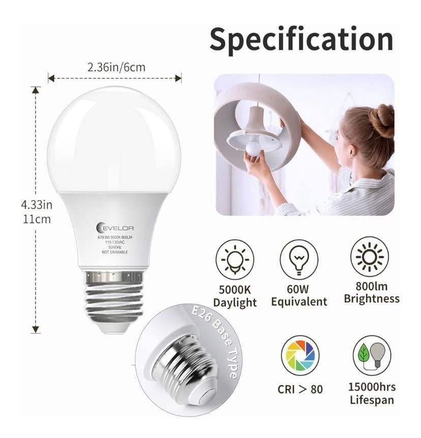 24-Packs A19 LED Light Bulbs, 5000K Daylight White, 9W, E26 Base - photo 3
