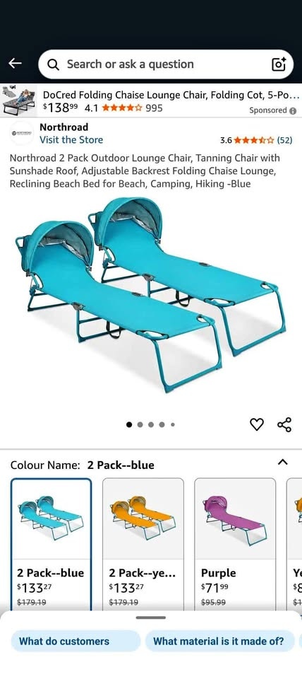 Northroad 2 Pack Outdoor Lounge Chairs with Sunshade