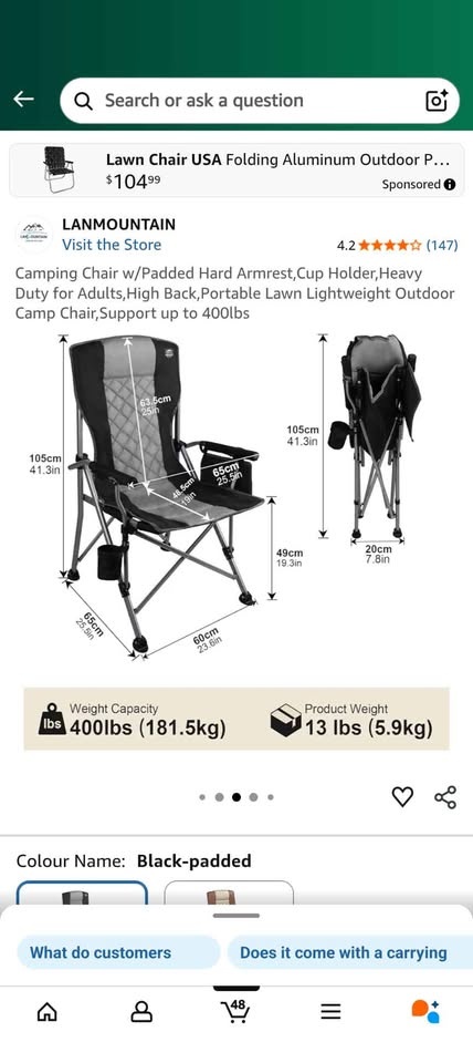 Camping Chair w/ Padded Hard Armrest, Cup Holder, Heavy Duty - photo 2