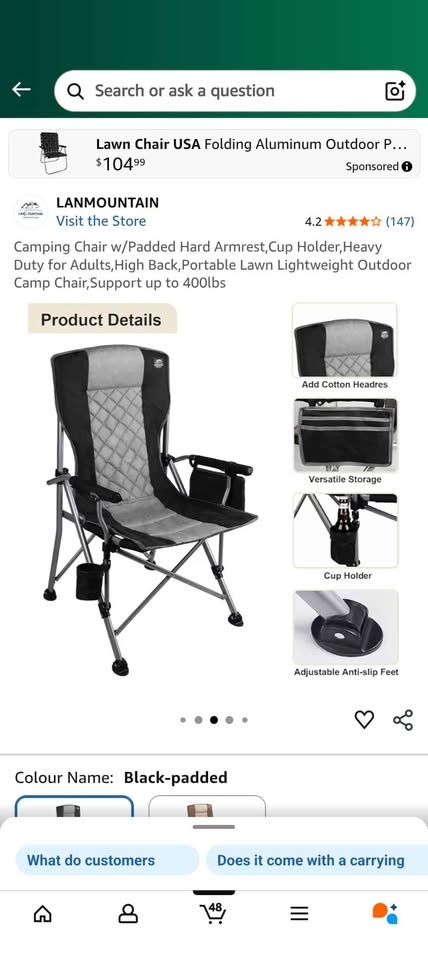 Camping Chair w/ Padded Hard Armrest, Cup Holder, Heavy Duty - photo 3