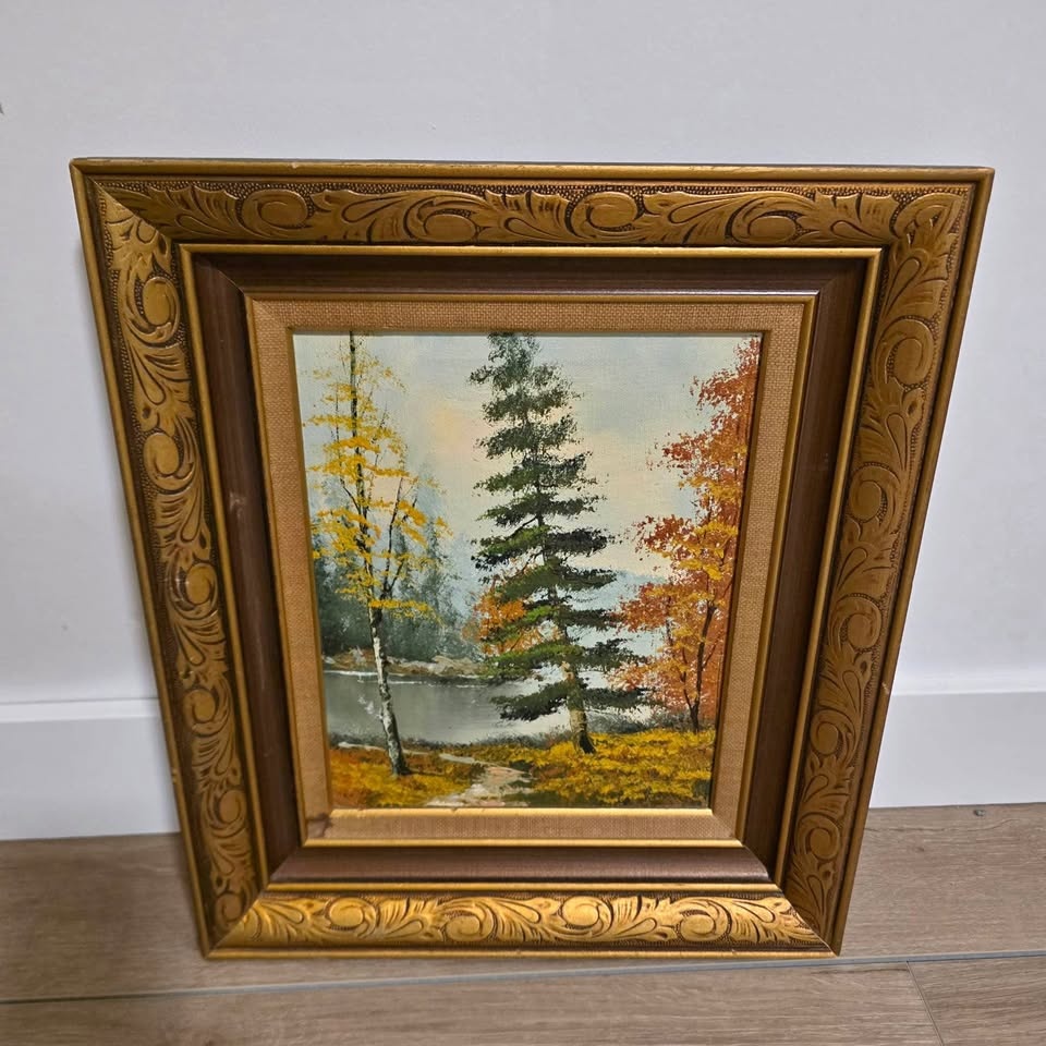 Framed Autumn Landscape Painting – 14.5” x 12.5” – Vintage Style