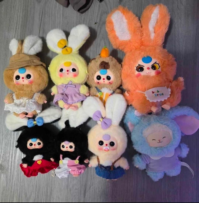 Baby three Plushies and miniso figure for sale