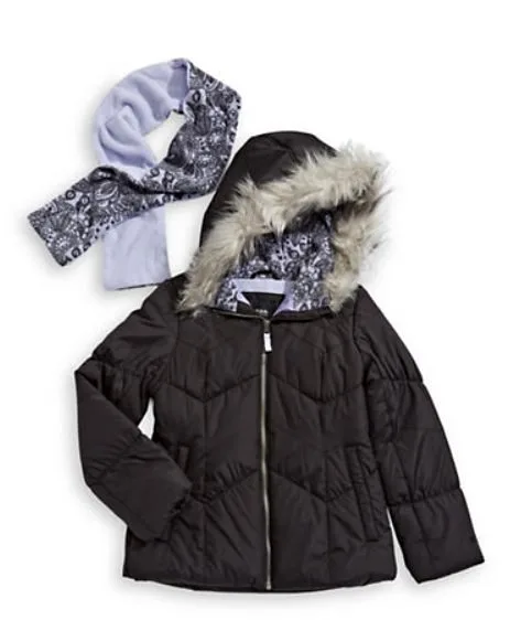 Girls London Fog Puffer Jacket with Matching Scarf thumbnail