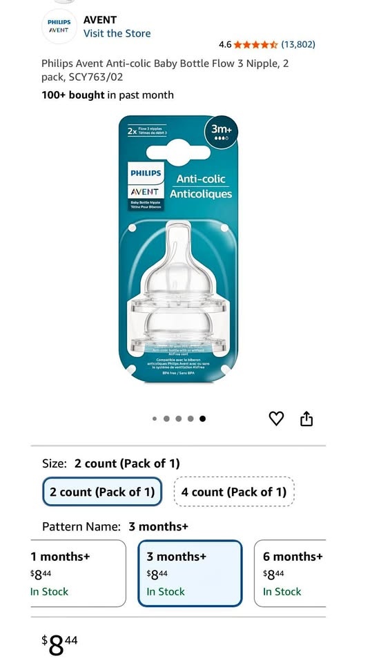 New Philips Avent Anti-colic Baby Bottle Flow 3 months, 2 pack