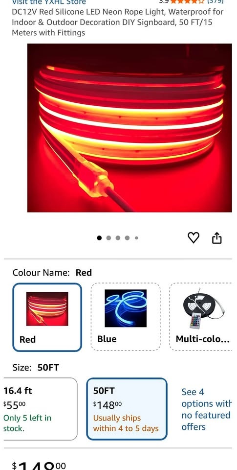 15M/50ft Red Silicone LED Neon Rope Light - Waterproof