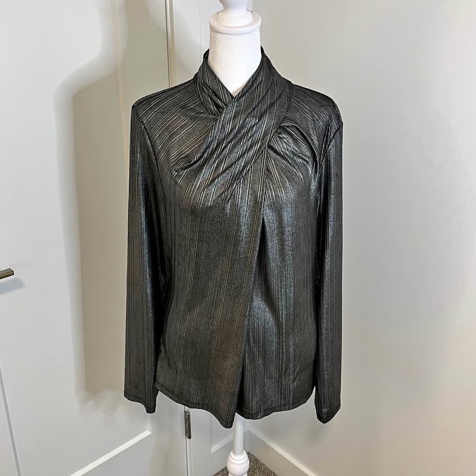 ELIE TAHARI Black & Silver Metallic Long Sleeve Women’s Shirt -