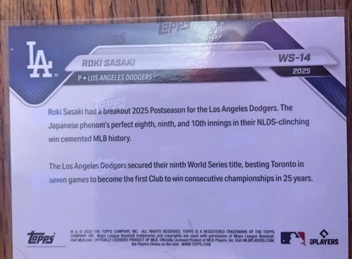 Topps 2025 Now Roki Sasaki #137 Dodgers World Series RC - photo 2