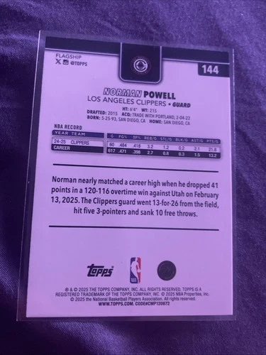 2025 Topps NBA Norman Powell 96/99 #144 Green Holo Clippers - photo 2
