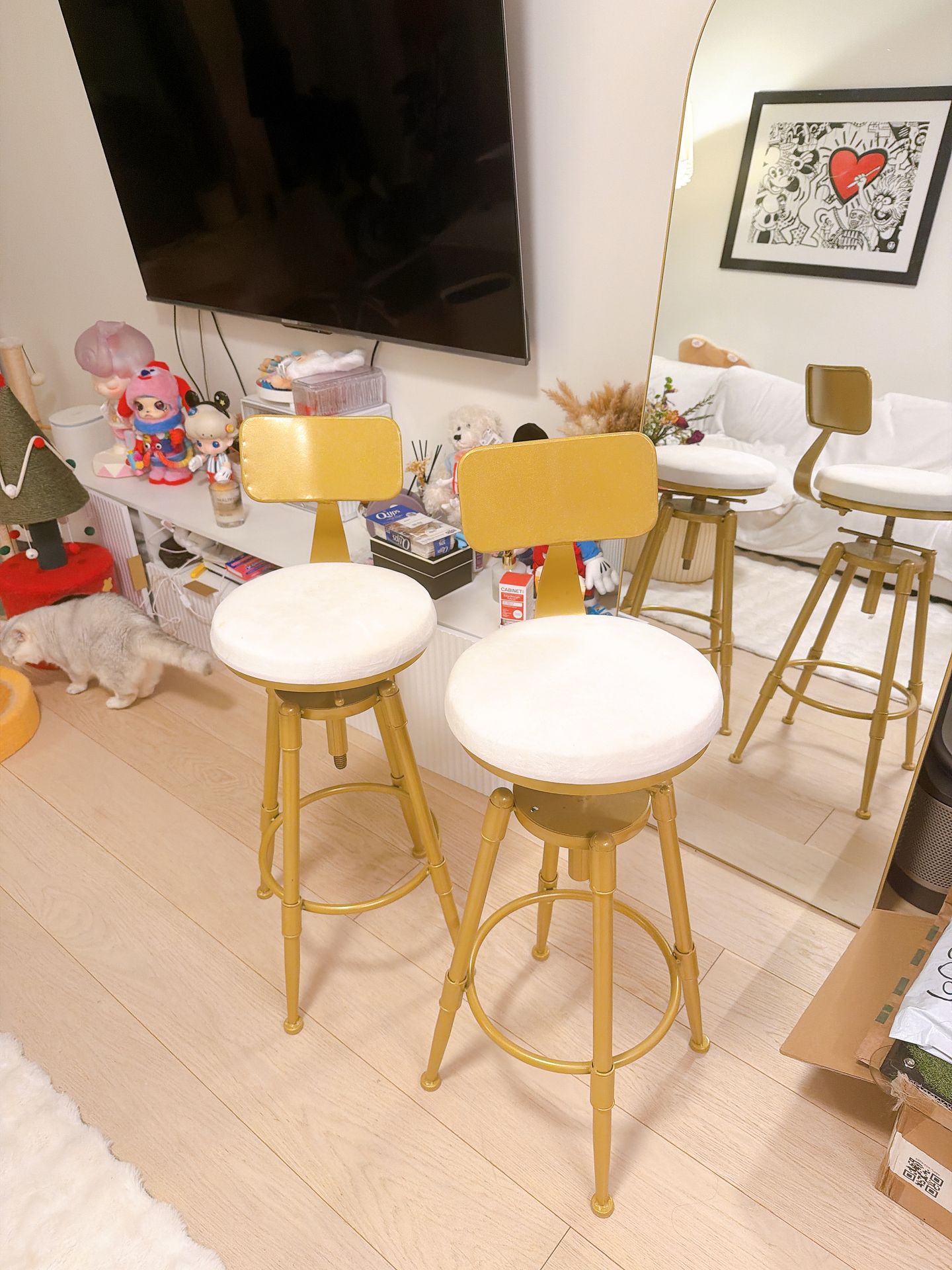 Swivel Adjustable Height Upholstered Bar Stool White Velvet Set