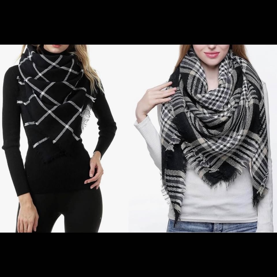 Pair of Black & White Blanket Scarves Plaid Scarf Shawl Wrap