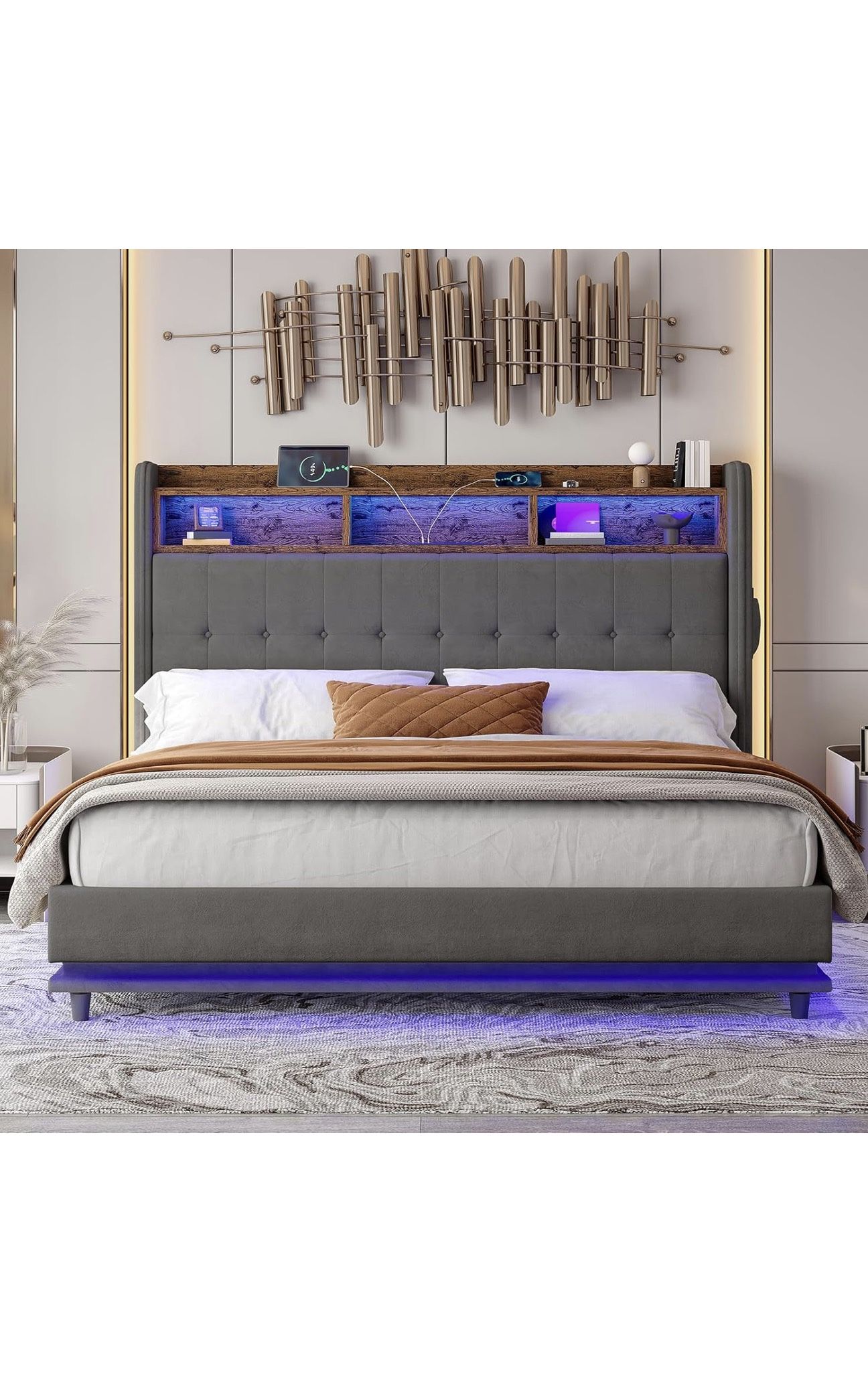 Jocisland King Bed Frame w/ Bookcase & LED Headboard - Dark Grey