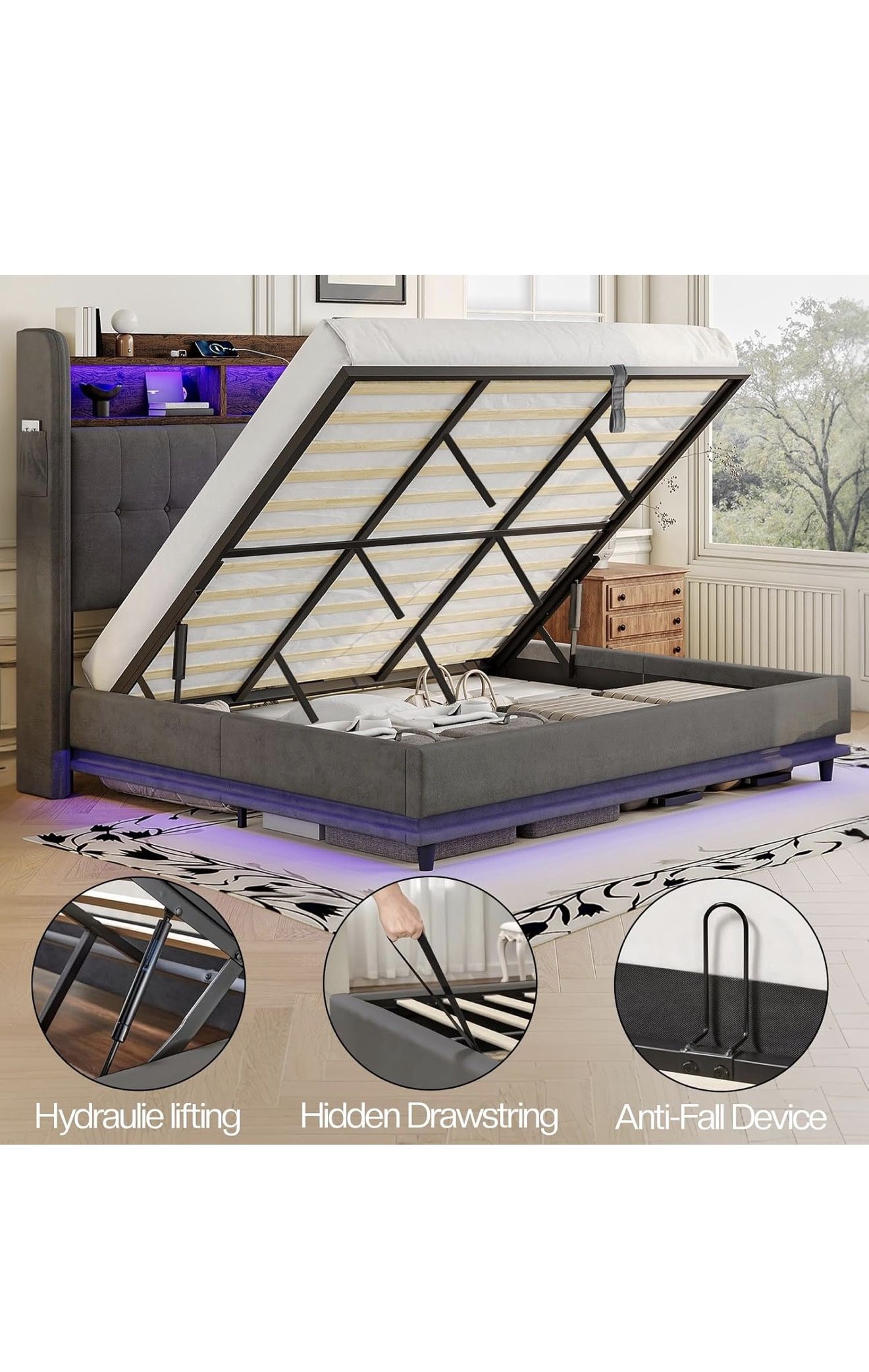 Jocisland King Bed Frame w/ Bookcase & LED Headboard - Dark Grey - photo 3
