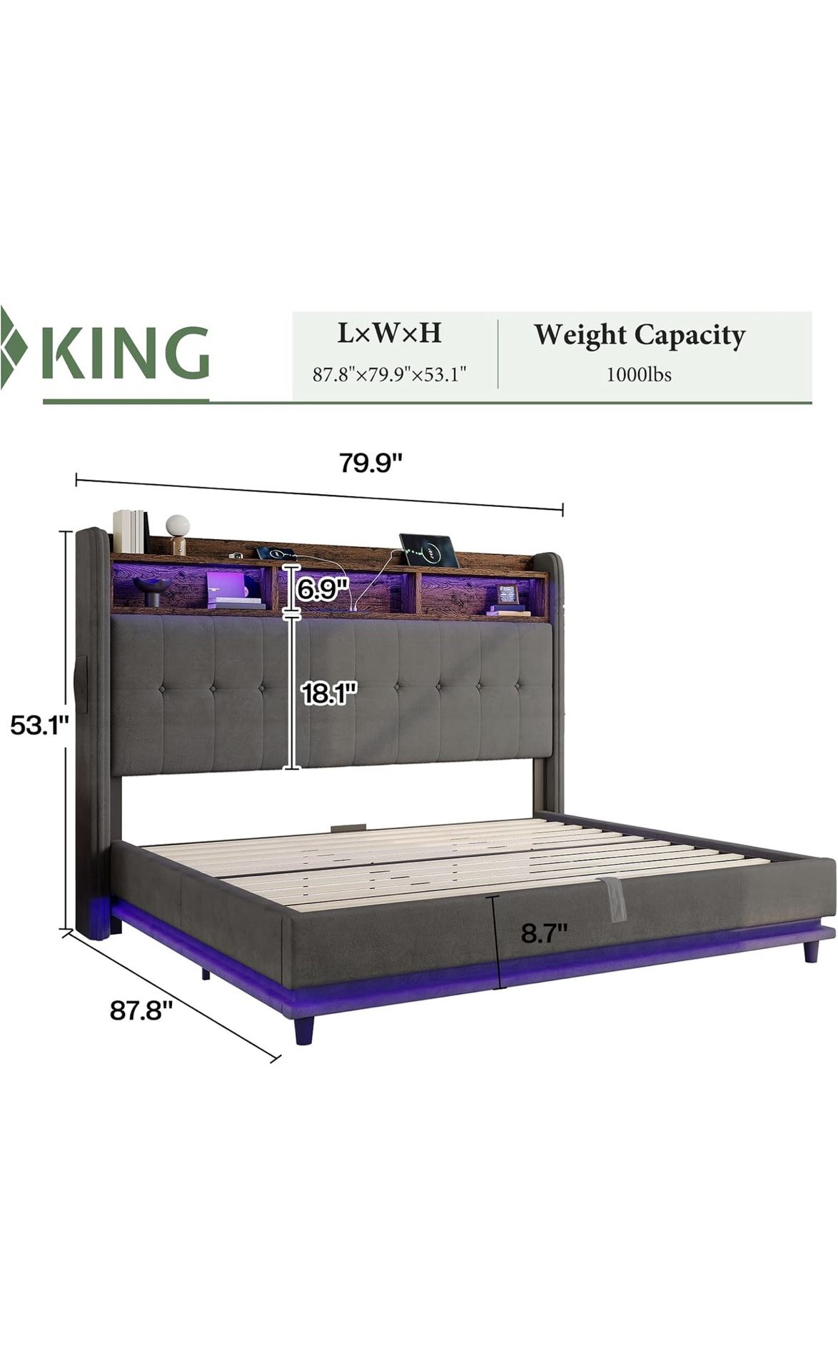 Jocisland King Bed Frame w/ Bookcase & LED Headboard - Dark Grey - photo 4