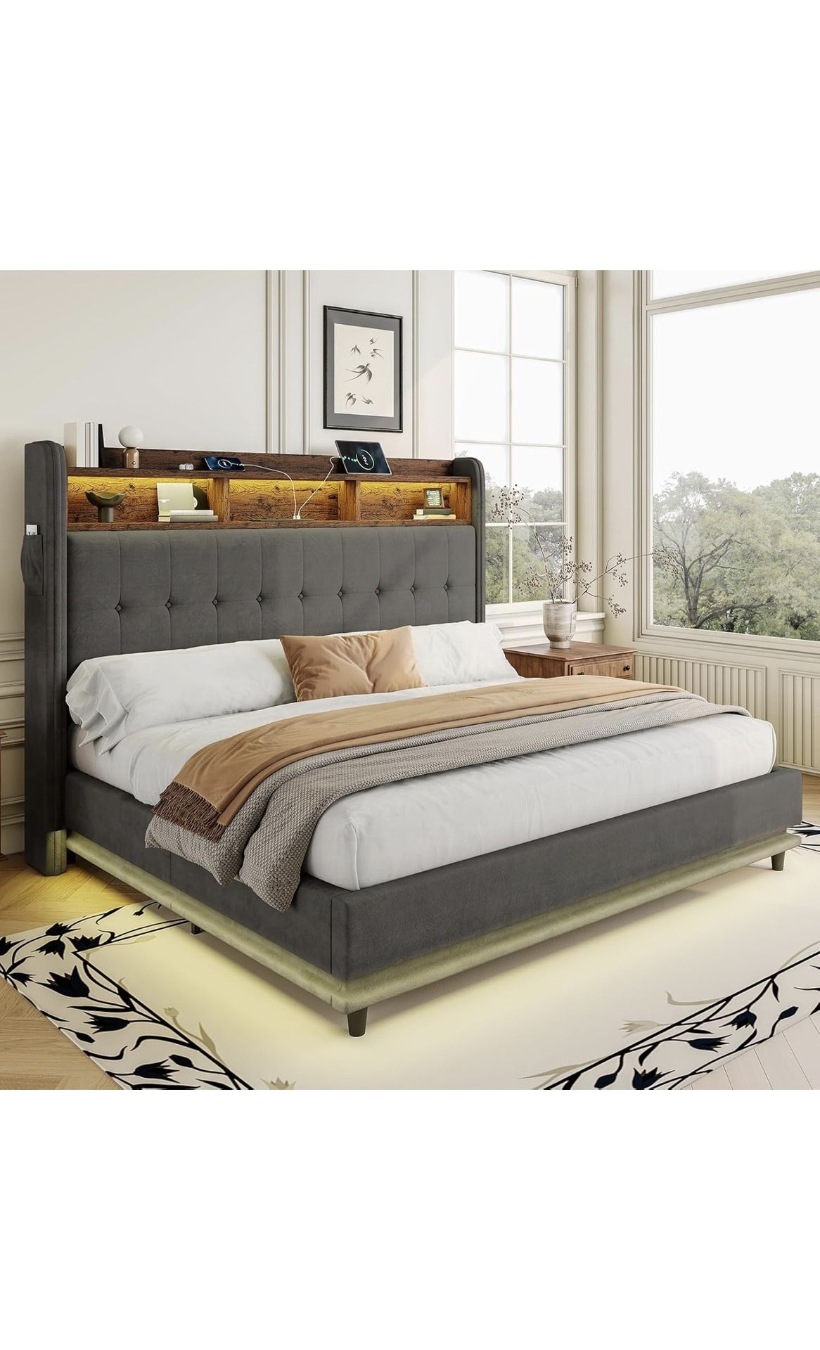Jocisland King Bed Frame w/ Bookcase & LED Headboard - Dark Grey - photo 5
