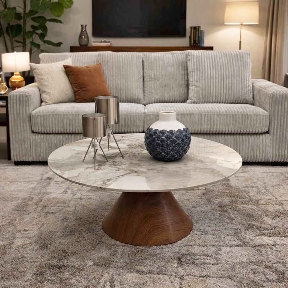 Round Marble Top Coffee Table Wood Base
