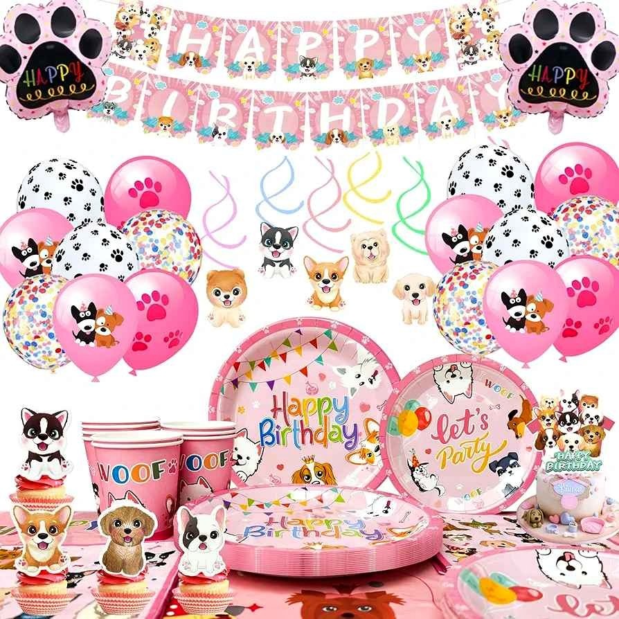 New-Pink Puppy Birthday Party Supplies – 161 PCS (16 guests)🐶