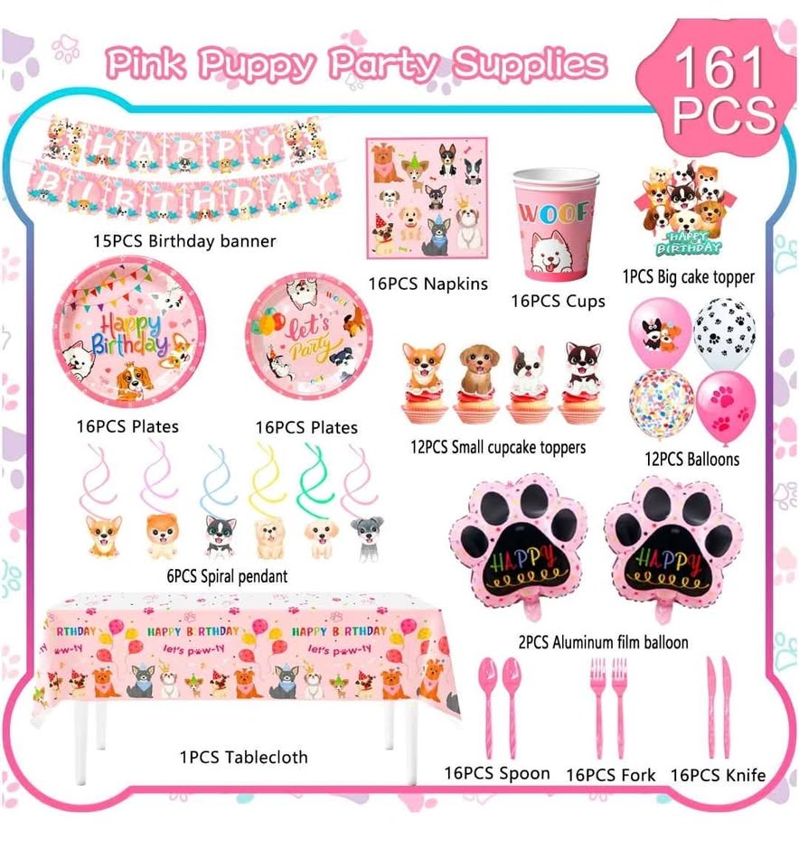New-Pink Puppy Birthday Party Supplies – 161 PCS (16 guests)🐶 - photo 3