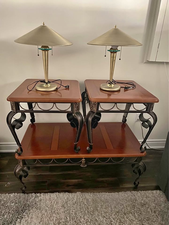 Antique Coffee table set with brass lamps