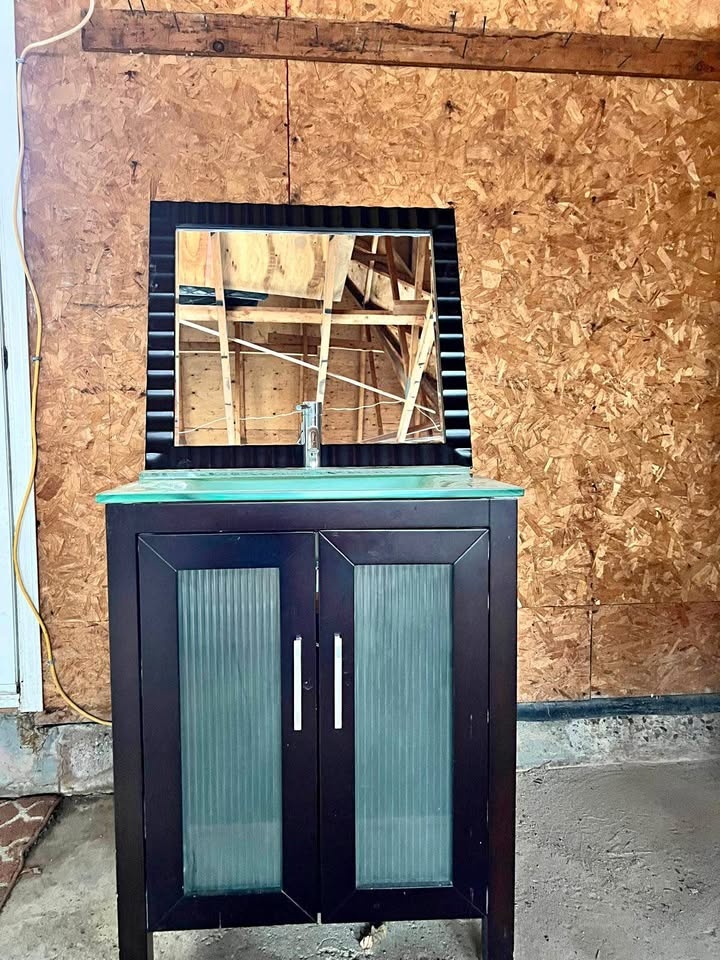 Beautiful Wood Vanity with Mirror and Faucets