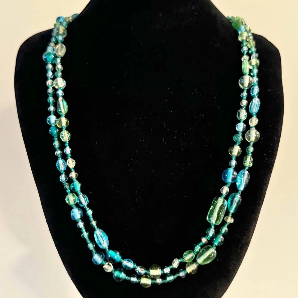 Vintage Blue Beaded Station Necklace (Boho, Retro) thumbnail