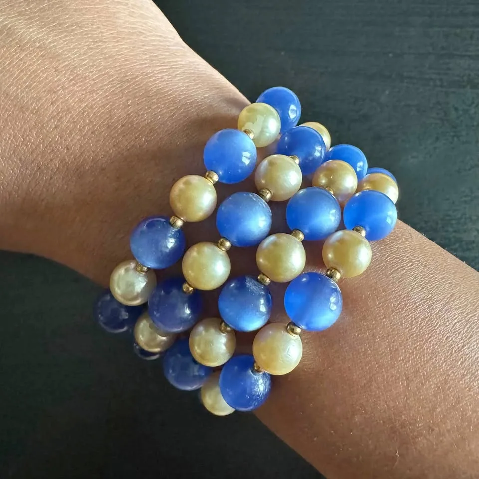 Pearlescent Ivory and Blue Beads Beaded Wrap Bracelet thumbnail