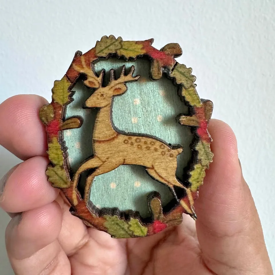 🦌 Handcrafted Cottagecore Reindeer Wood Brooch thumbnail