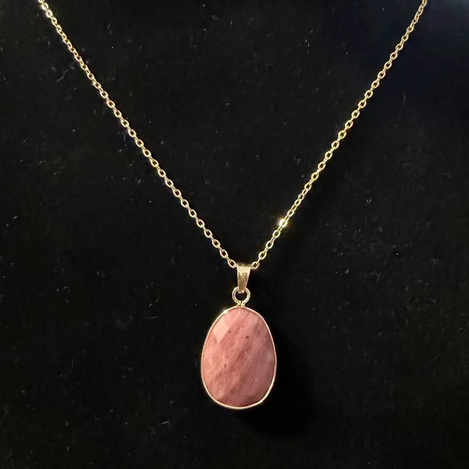 Natural Rhodonite Pink Stone Pendant (Gold Tone Chain Necklace) thumbnail