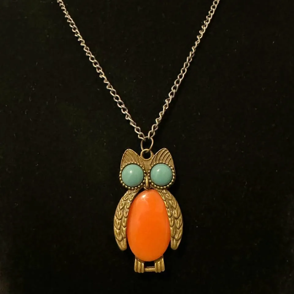 Vintage Retro Bronze Owl Pendant Necklace Orange Teal thumbnail