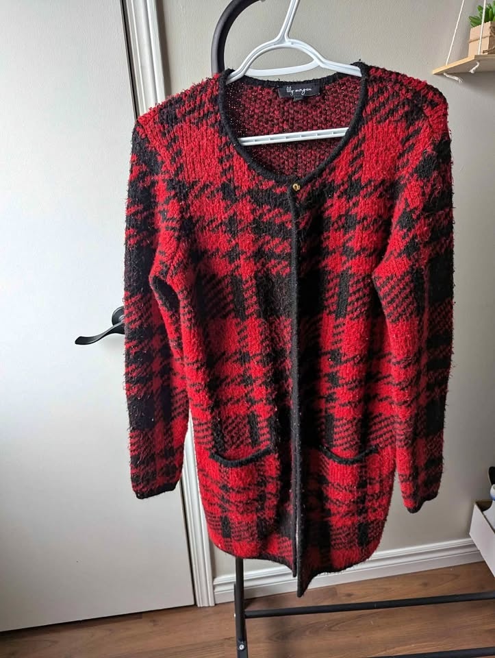 Red and black plaid women's cardigan sweater