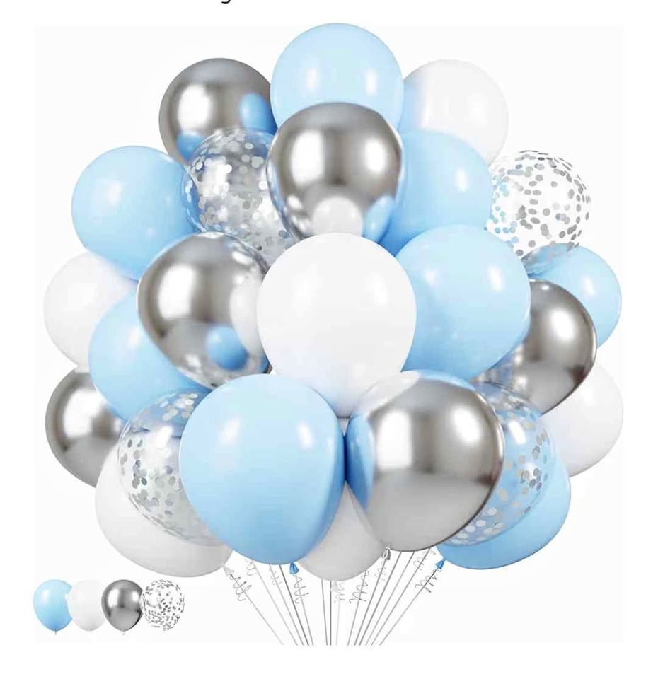 Brand new 50 pcs 12" baby blue/ confetti white balloons