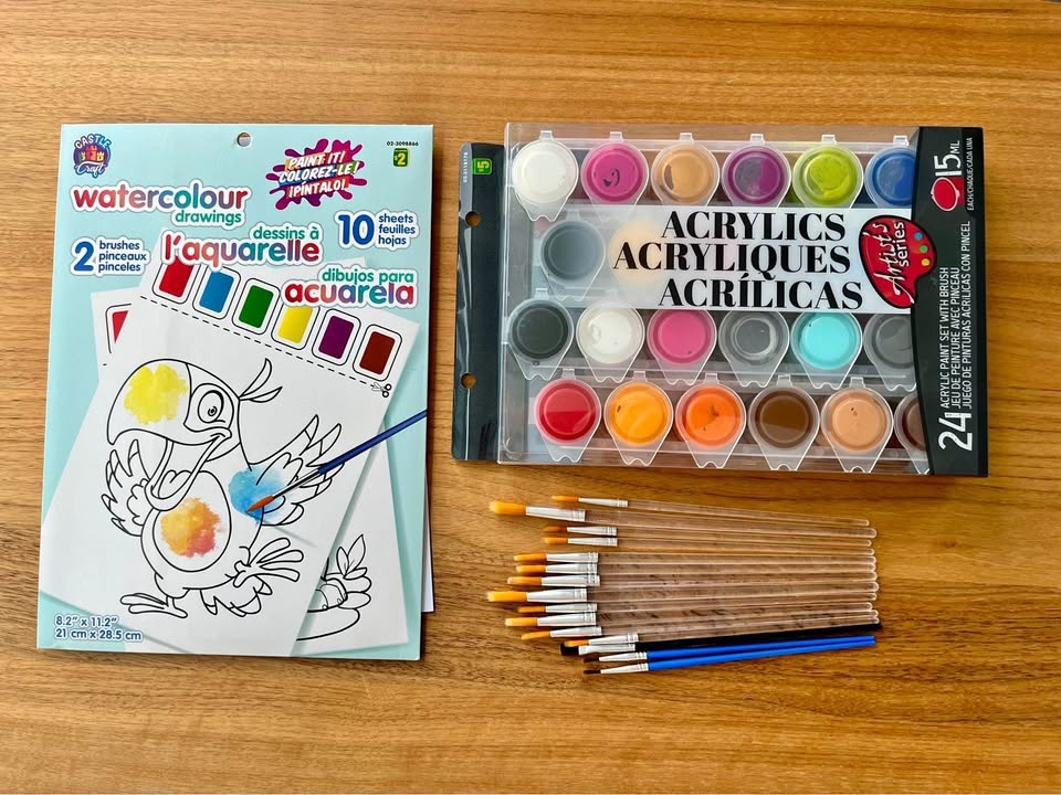 Acrylic Paint Set + Brushes + Watercolor Activity Sheets
