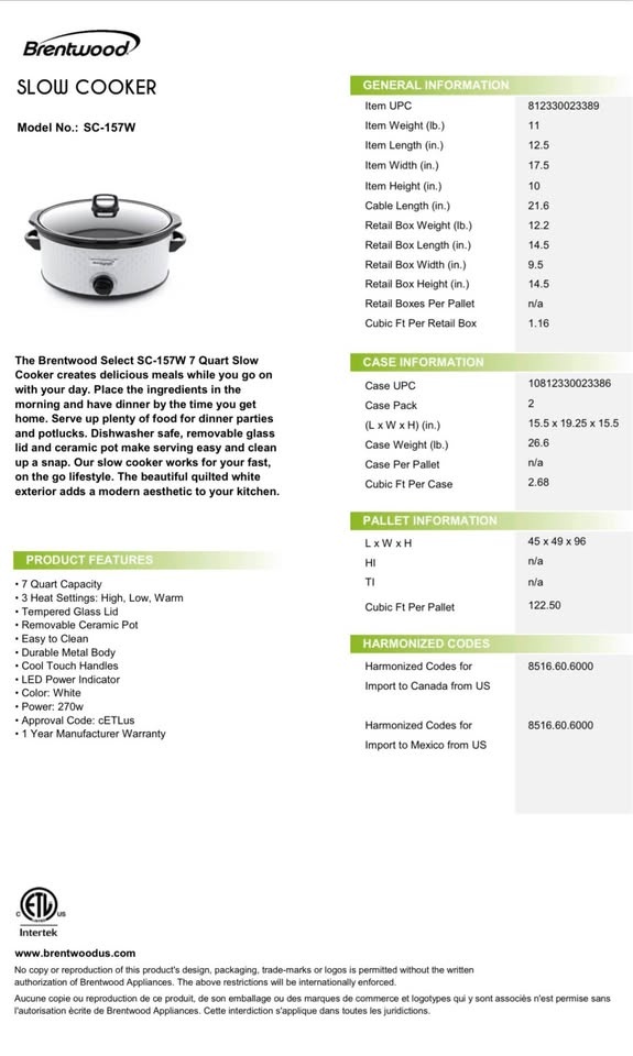 Brentwood Select 7 Quart Slow Cooker, White $50 - photo 5