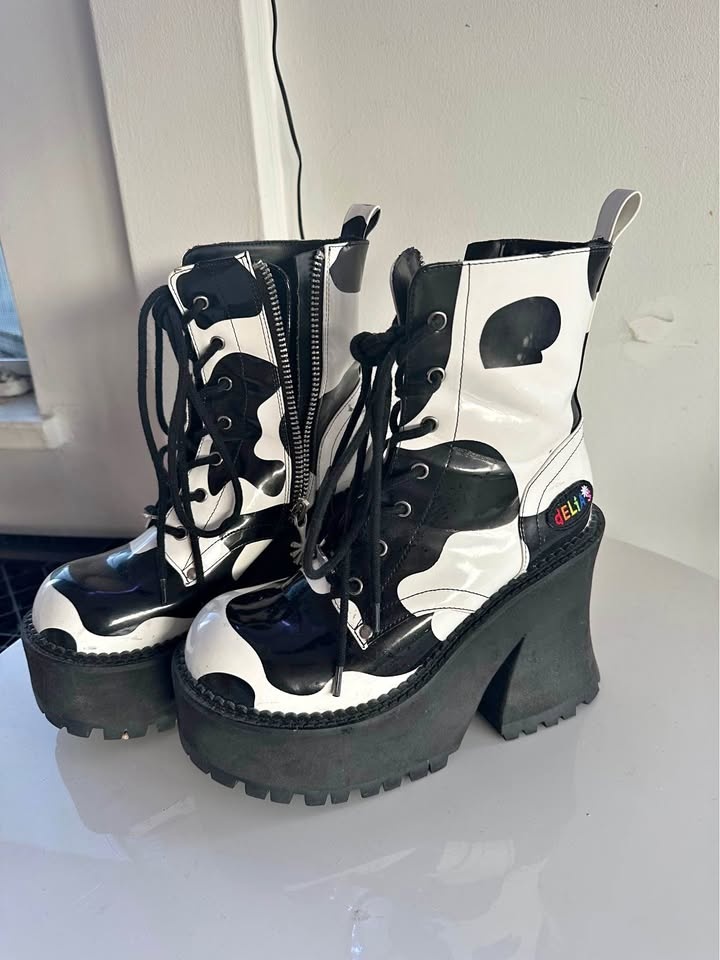 Dollskill Delia's Cow Print Platform Boots Size 8