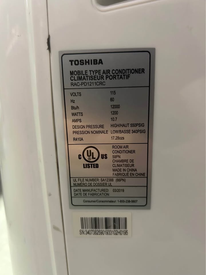 Toshiba 12000 BTU Portable AC RAC-PD1211CRC - photo 3