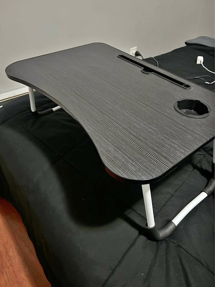 Dark Gray Foldable Laptop Table w Cup Holder Tablet Slot