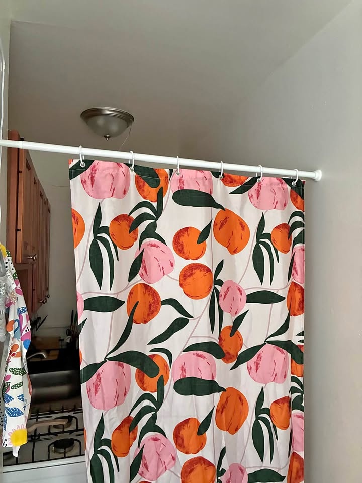 Rack + Curtain with Orange and Pink Peaches Print