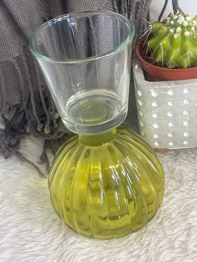 Vintage MCM Avocado Green Glass Candle Holder 7”