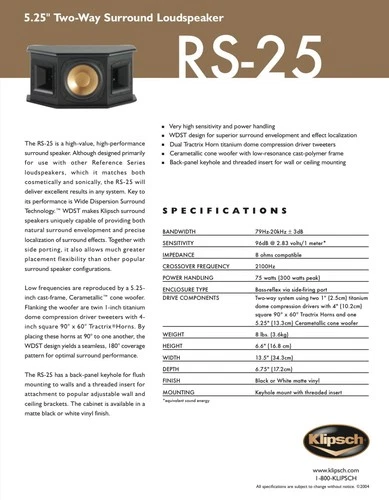 Klipsch RS-25 Reference Series Surround Speakers (2), Black - photo 3