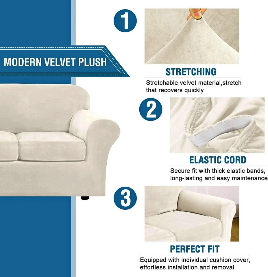 New Soft Velvet Plush 3 Piece Stretch Loveseat Slipcover Ivory
