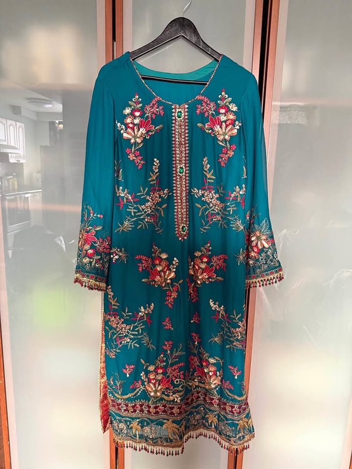 Teal Embroidered Formal Dress w Red Pants & Dupatta